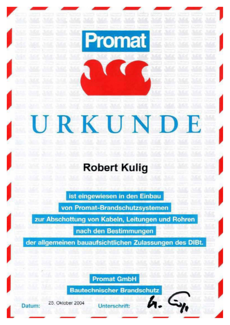 Promat Brandschutzsysteme Urkunde Heigl und Kulig