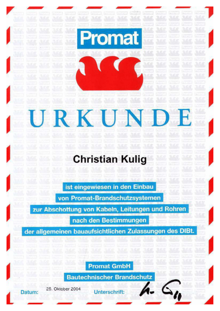 Promat Brandschutz Abschottung von Kabeln Heigl und Kulig